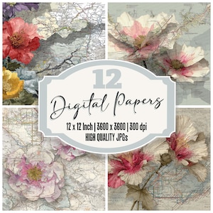 12x U-Bahn Topo Map Blume Junk Journal Papier Hochwertige JPGs Digital Paper Pack Floral Collage Hintergründe Printable Paper