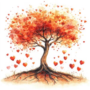 12 Clipart di alberi a forma di cuore, albero autunnale ad acquerello con cuori che cadono, clipart stampabili, lavoretti di carta, arte murale, download digitale, diari spazzatura