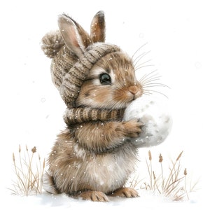 12 Hase mit Schneeball Clipart, Winter Kaninchen Clipart, druckbare Aquarell Clipart, Papierhandwerk, Wandkunst, digitaler Download, Junk Journals