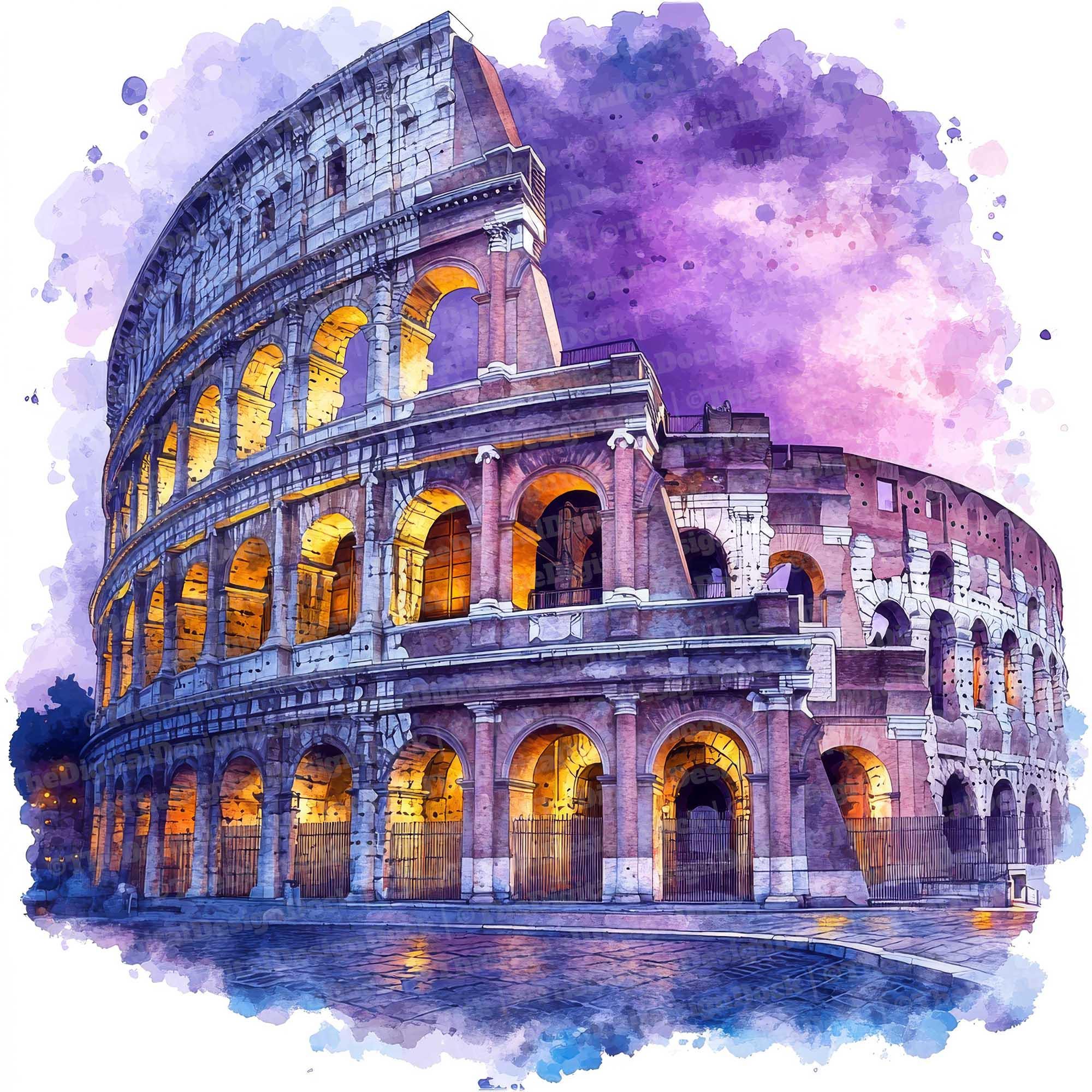 12 コロッセオ クリップアート、水彩画のローマのランドマーク、印刷