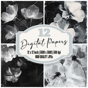 May include: Twelve digital papers featuring black and white floral designs with a distressed, vintage look. Each paper is 12 inches by 12 inches and 3600 pixels by 3600 pixels at 300 dpi. High quality JPGs.