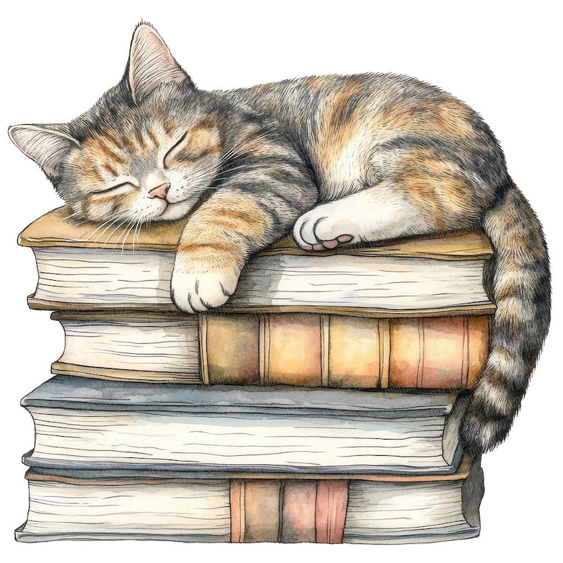 May include: A tabby cat sleeps on a stack of books. The cat is curled up with its tail wrapped around the books. The books are various sizes and colors.