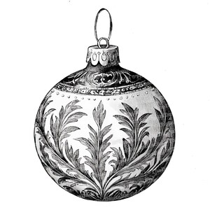 May include: Black and white Christmas ornament with a detailed floral design. The ornament has a silver-colored cap and a loop for hanging. The design features stylized leaves and vines.