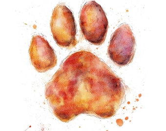 May include: Watercolour painting of a brown and orange paw print with splattered paint around it.