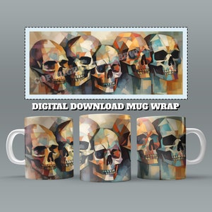 Skulls Mug Wrap, 11oz & 15 Oz Mug Sublimation Design, Cubism Grungy Skull Mug Wrap, Cubist Mug Sublimation, 11oz Mug Png, 15oz Mug PNG