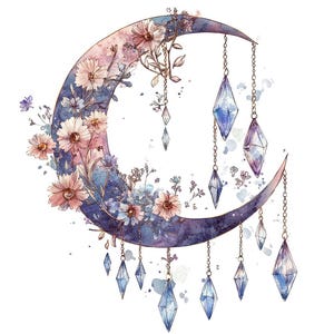 May include: A watercolor painting of a crescent moon with delicate flowers and hanging crystal-like ornaments. The moon is painted in shades of blue and purple, with pink and white flowers blooming around it. The crystals are a light blue color and hang from gold chains.
