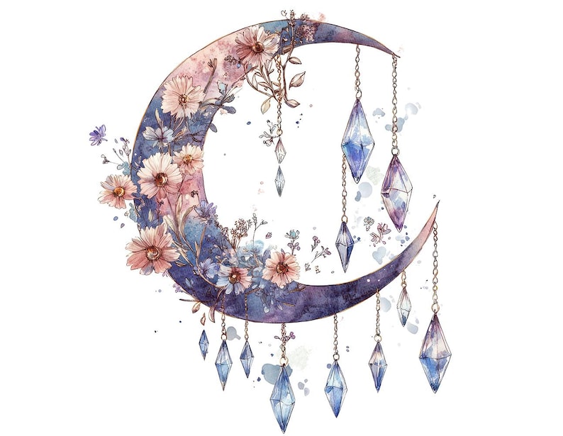 May include: A watercolor painting of a crescent moon with delicate flowers and hanging crystal-like ornaments. The moon is painted in shades of blue and purple, with pink and white flowers blooming around it. The crystals are a light blue color and hang from gold chains.