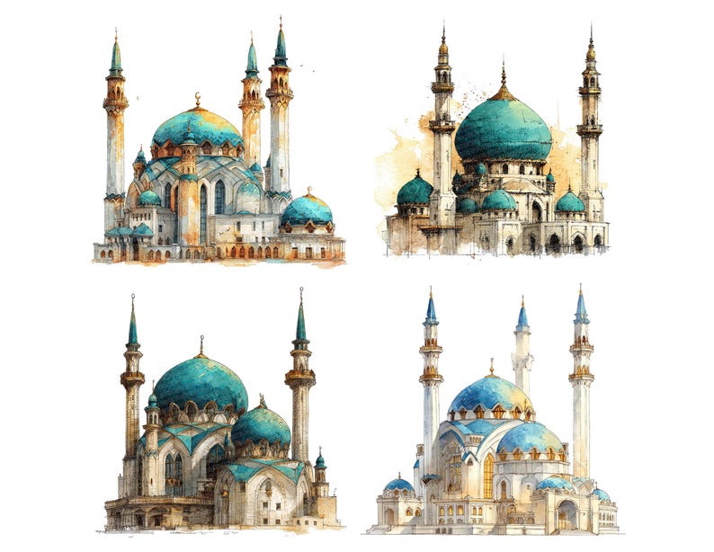 Mosque Colorful Printable Islamic Mosque PNG Clipart, 12x Watercolor Mosque Clip Art Set ...