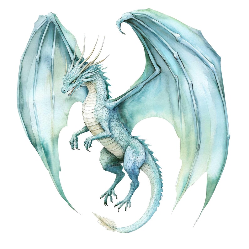 May include: A watercolor painting of a blue dragon with wings spread wide. The dragon has a long tail and sharp claws. The dragon is flying in the air.