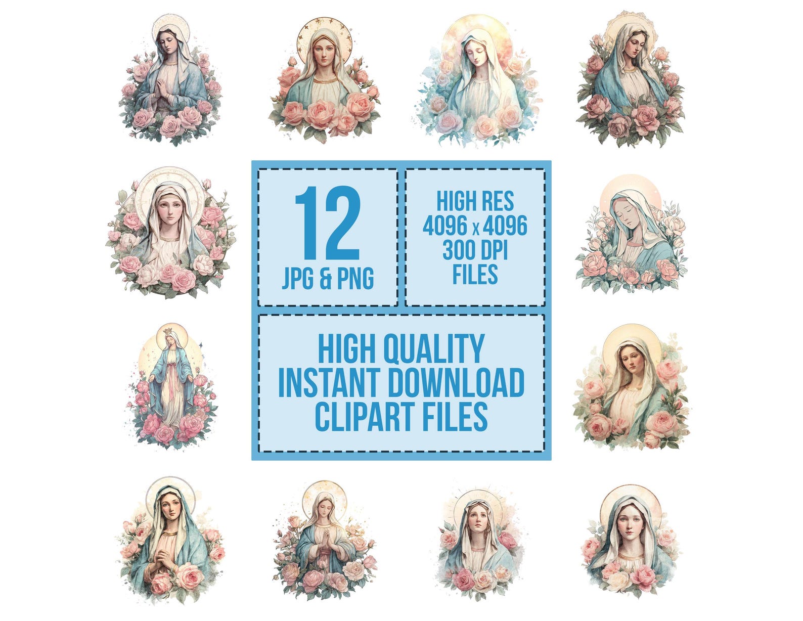 Virgin Mary PNG Clipart, 12x Blessed Mother With Roses Art Set ...