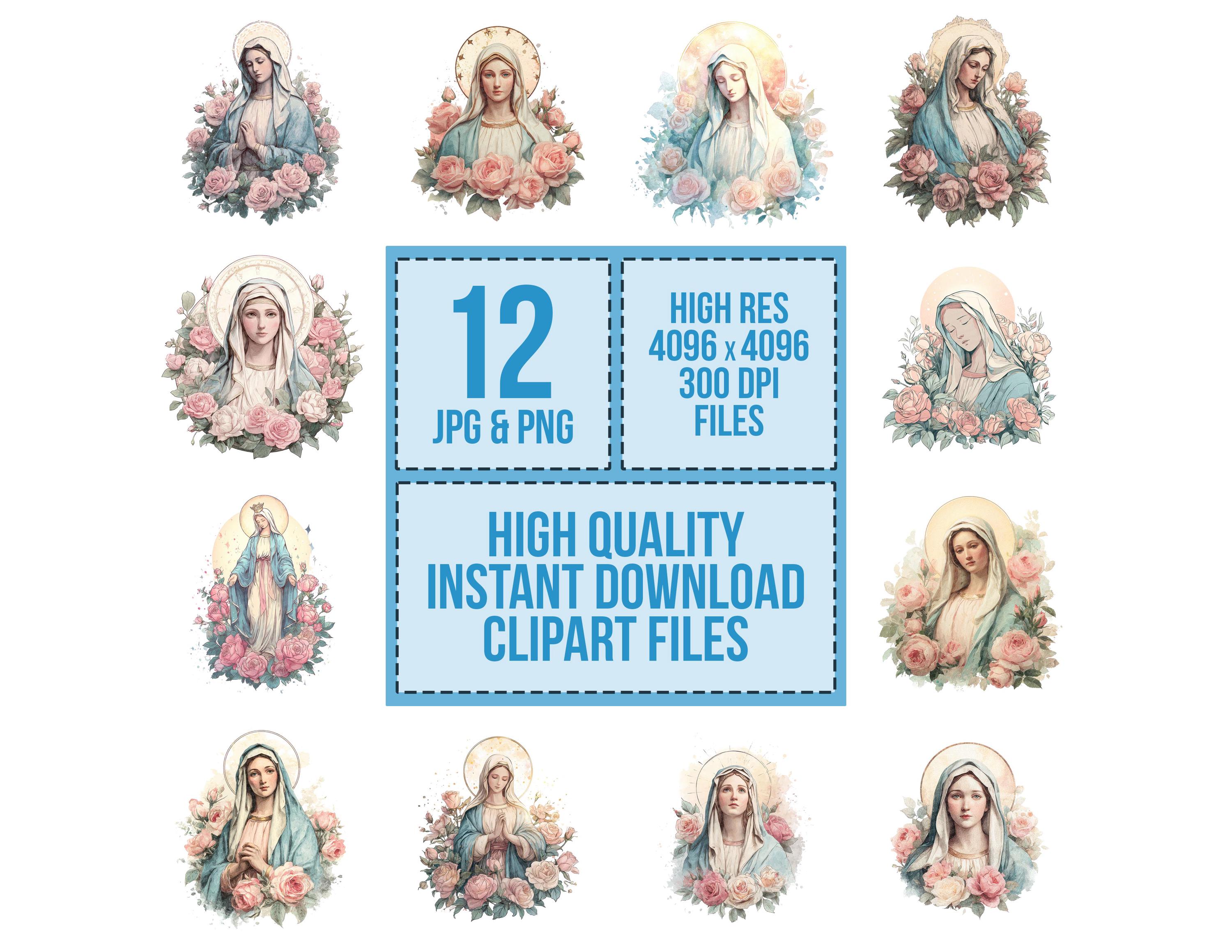Virgin Mary PNG Clipart, 12x Blessed Mother With Roses Art Set ...