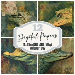 Paquete de 12 papeles digitales de diario basura de cocodrilo, collage de mapas de humedales, fondos texturizados, archivos JPG de alta calidad, papel desgastado para álbumes de recortes.