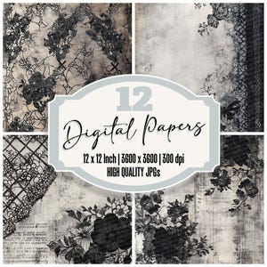 12x Carta da giornale vintage con pizzo appassito e desiderio, carta digitale, fiori in pizzo vintage, texture rovinata, JPG di alta qualità, carta stampabile