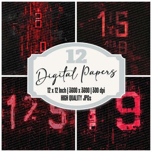 12x Glitch Digital Clock Junk Journal Paper, Cyberpunk Digital Paper Pack, Futuristic Distorted Numbers,Tech Grunge Backgrounds,High Quality