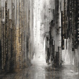 Peut inclure: Impression num&eacute;rique abstraite en niveaux de gris, avec un design vertical et du code binaire. L'&oelig;uvre d'art &eacute;voque une sensation de profondeur et une esth&eacute;tique futuriste. L'image a une apparence textur&eacute;e et pix&eacute;lis&eacute;e.