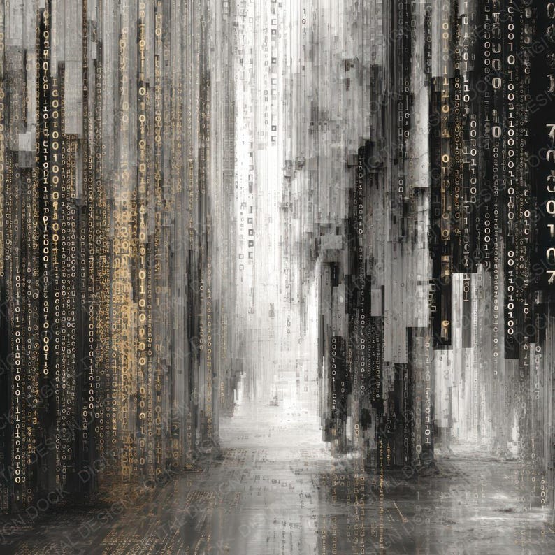 Peut inclure: Impression num&eacute;rique abstraite en niveaux de gris, avec un design vertical et du code binaire. L'&oelig;uvre d'art &eacute;voque une sensation de profondeur et une esth&eacute;tique futuriste. L'image a une apparence textur&eacute;e et pix&eacute;lis&eacute;e.