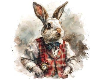 White Rabbit Clip Art, 12x Vintage Pocket Watch Bunny Art Set, Printable Watercolor Art, Paper Crafts, Digital Download, Transparent PNG
