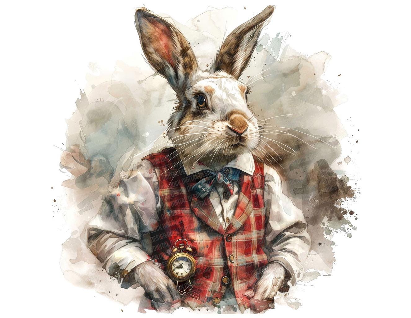 White Rabbit Clip Art, 12x Vintage Pocket Watch Bunny Art Set