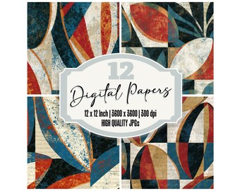 12x Constructivist Football Junk Journal Paper Fjord Blue Red Geometric Digital Paper Pack Distressed Texture Scrapbook Paper Digital
