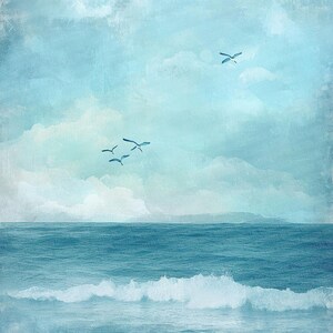 K&ouml;nnte beinhalten: Ein Seest&uuml;ck mit blauem Himmel und Meer. Der Himmel ist mit wei&szlig;en Wolken gef&uuml;llt und ein paar V&ouml;gel fliegen am Himmel. Das Meer ist tiefblau und wei&szlig;e Wellen brechen an der K&uuml;ste.
