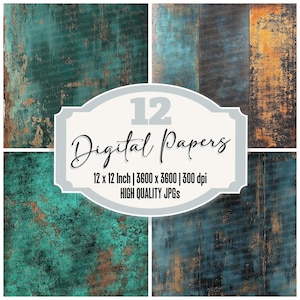 12x Teal and Copper Junk Journal Paper, Rustic Distressed Digital Paper Pack, Industrial Metal Background, High Quality JPGs,Scrapbook Paper