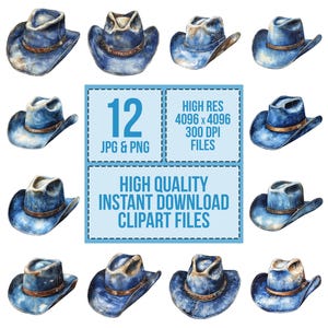 May include: Twelve watercolor illustrations of blue denim cowboy hats. The hats are all different shapes and sizes, but they all have a classic cowboy hat silhouette. The illustrations are perfect for use in scrapbooking, card making, or other craft projects.