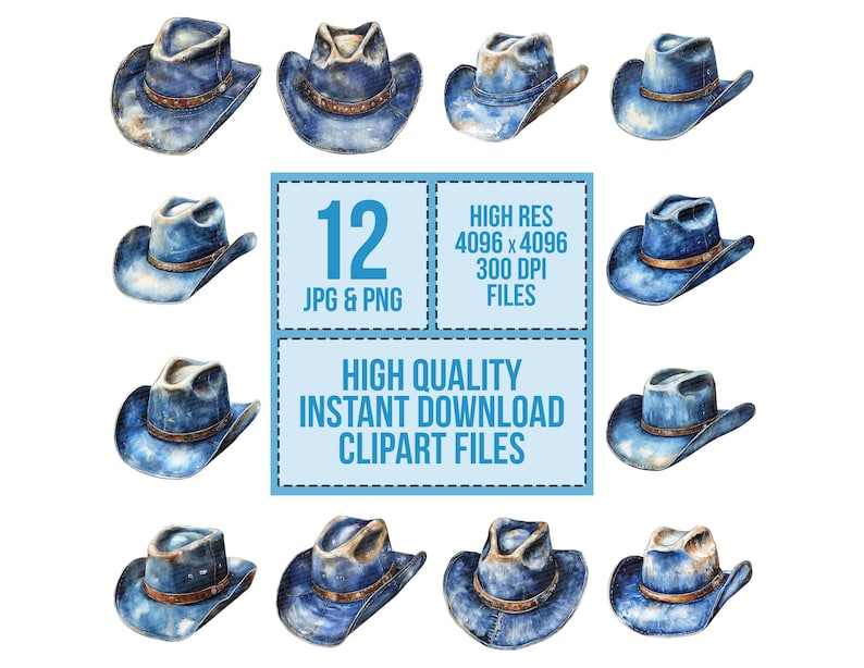 May include: Twelve watercolor illustrations of blue denim cowboy hats. The hats are all different shapes and sizes, but they all have a classic cowboy hat silhouette. The illustrations are perfect for use in scrapbooking, card making, or other craft projects.