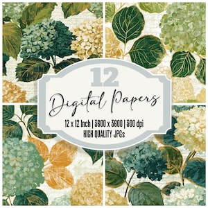 Könnte beinhalten: Ein Set digitaler Papiere mit Hortensienblüten in Grün, Türkis und Creme, mit goldenen und braunen Akzenten. Der Text lautet "12 Digital Papers" und enthält Angaben zu Größe und Auflösung.