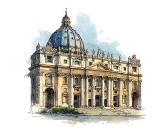 St. Peter's Basilica PNG Clipart, 12x Watercolor Church Clip Art Set, Printable Religious, Transparent PNG, Digital Download for Sacred Art