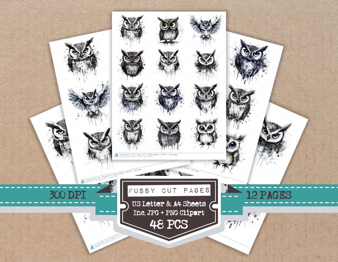 Washed Owl Ink-washed Owl Sketch Fussy Cut Sheets, 12x Printable Pages, Watercolor ...