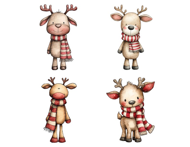 Watercolor Reindeer Clipart, 12 Festive Christmas Deer With Scarves PNG ...