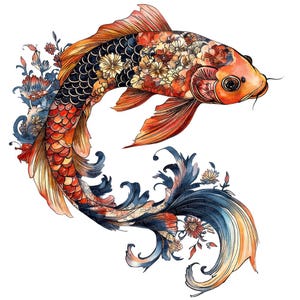 Folk Koi Fish Clip Art, 12x Koi with Florals PNG Clipart Set, Watercolor Fish Clip Art, Printable Digital Download, Transparent PNG