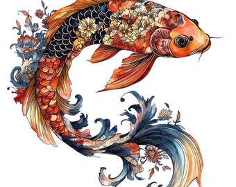 Folk Koi Fish Clip Art, 12x Koi with Florals PNG Clipart Set, Watercolor Fish Clip Art, Printable Digital Download, Transparent PNG