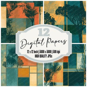 May include: A digital art print featuring 12 abstract landscape designs. The artwork includes trees and geometric shapes in teal, orange, and gold. The text "12 Digital Papers" is displayed, along with dimensions of 12 x 12 inches and 3600 x 3600 pixels.