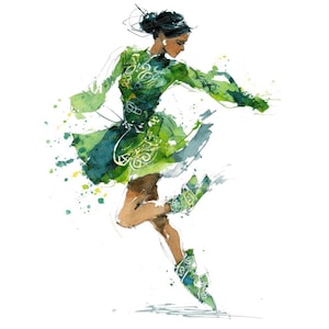 Puede incluir: Ilustración en acuarela de una bailarina con vestido y zapatos verdes, a mitad de salto. El vestido presenta diseños de nudos celtas. La obra utiliza tonos de verde y azul sobre un fondo blanco. El pelo de la bailarina está recogido en un moño.