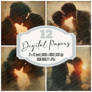 May include: A digital paper set featuring four vintage-style images of couples kissing. The images are in sepia tones, with a warm, golden light. The set includes 12 digital papers, each 12 x 12 inches, 3600 x 3600 pixels, and 300 dpi.