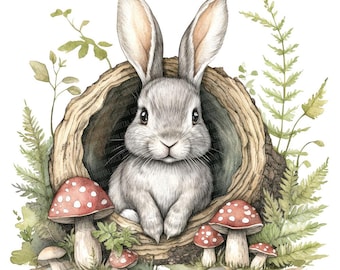 Rabbit PNG Clip Art, 12x Folk Art Bunny in Log Clipart Set, Watercolor Woodland Rabbit, Paper Crafts, JPG Digital Download, Transparent PNG