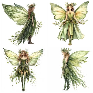 Watercolor Fairy PNG Clip Art, 12x Forest Fairy Clipart Set, Green Leaf ...