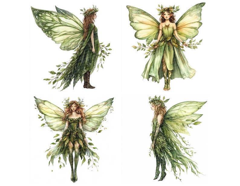 Watercolor Fairy PNG Clip Art, 12x Forest Fairy Clipart Set, Green Leaf ...