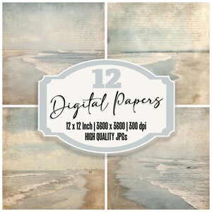 Puede incluir: Un collage de cuatro escenas de playa en tonos azul claro y beige. Una etiqueta central muestra "12 Digital Papers", junto con las dimensiones del papel y los detalles de resolución. El tema es costero.