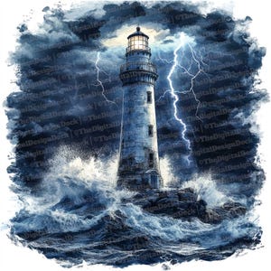 Lighthouse Clip Art, 12x Stormy Sea Clipart Set, Printable Watercolor Clip Art, Lightning Scene, Digital Download,Nautical Decor,Light House