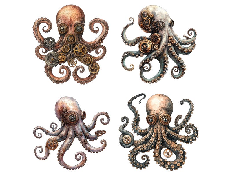 Steampunk Octopus PNG-clipart, 12 x mechanische Kraken-illustraties, afdrukbare aquarel koppotigen illustratie, Paper Crafts, digitale download afbeelding 4