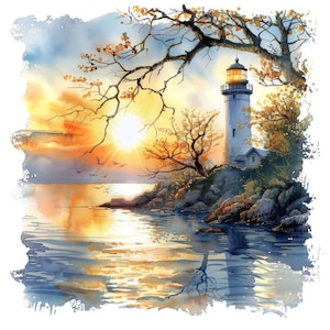 Clipart PNG del faro, set di 12 cornici di alberi costieri, clipart acquerello stampabile, paesaggio oceanico, download digitale, PNG trasparente
