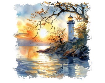 Lighthouse PNG Clipart, 12x Coastal Tree Frame Art Set, Printable Watercolor Clip Art, Ocean Landscape, Digital Download, Transparent PNG