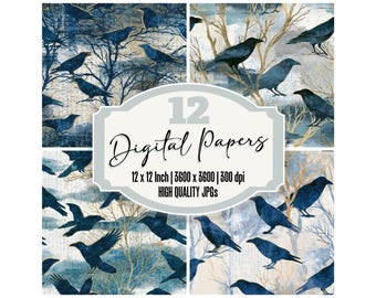 Seamless Bohemian Scattered Ravens Junk Journal Paper Digital Paper Pack Fjord Blue Distressed Texture Scrapbook Papier Decoupes Download
