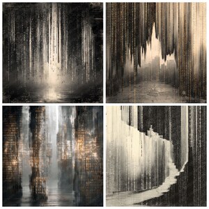 Peut inclure: &OElig;uvre d'art en quatre panneaux sur le th&egrave;me du num&eacute;rique. Chaque panneau pr&eacute;sente un paysage en niveaux de gris avec des lignes verticales et des motifs de code binaire. L'&oelig;uvre a un aspect textur&eacute; et vieilli, avec des zones claires et sombres cr&eacute;ant de la profondeur.