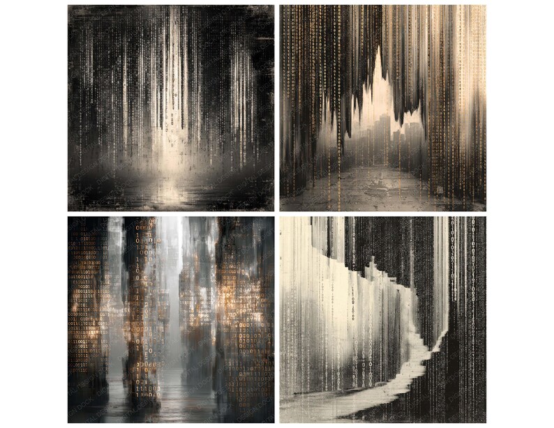 Peut inclure: &OElig;uvre d'art en quatre panneaux sur le th&egrave;me du num&eacute;rique. Chaque panneau pr&eacute;sente un paysage en niveaux de gris avec des lignes verticales et des motifs de code binaire. L'&oelig;uvre a un aspect textur&eacute; et vieilli, avec des zones claires et sombres cr&eacute;ant de la profondeur.