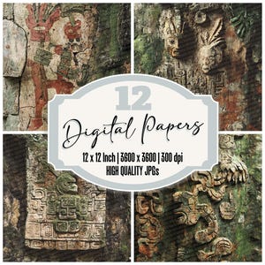 12x Lost Mayan Glyphs Junk Journal Paper Vintage Digital Paper Pack Distressed Ancient Backgrounds High Quality JPGs Scrapbook Paper