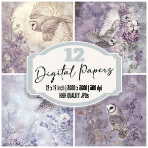 12x Owl Wing Mist Junk Journal Papel Coruja Design Floral Fundos JPGs de alta qualidade Papel para impressão Download digital