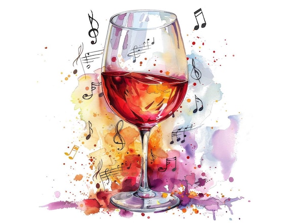 ワイングラスのクリップアート、12個の音符の水彩画セット、音楽と